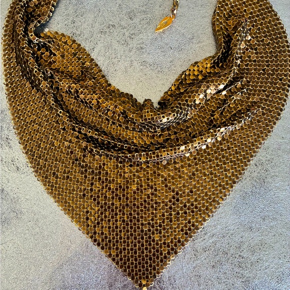 Whiting & Davis vintage 60s gold bronze mesh bib necklace ⭐️ disco 🪩 SALE - Picture 8 of 8